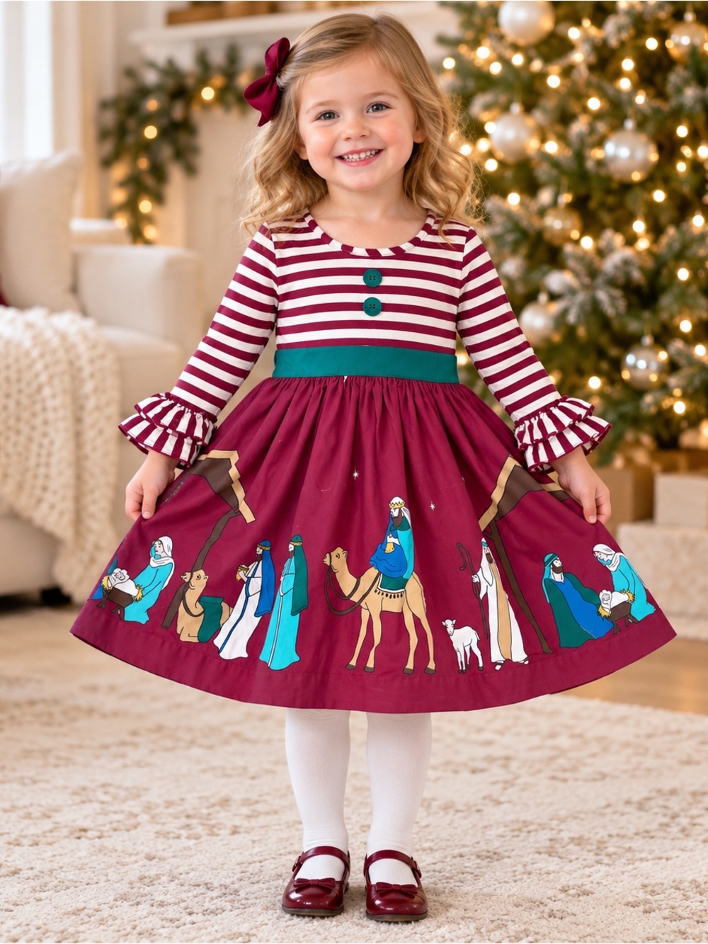 Eleanor Rose Girls 3–4 Christmas Nativity Dress Striped Ruffle Pockets